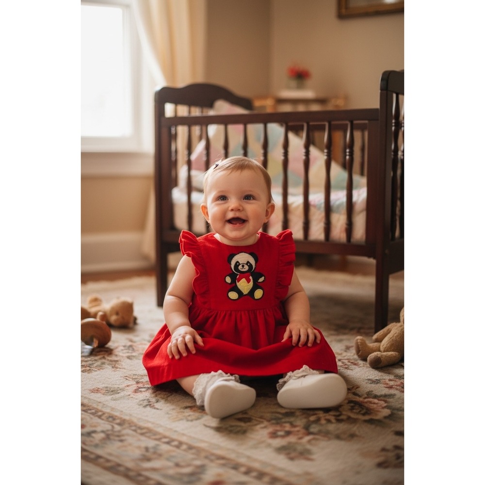 Nursery‎ Rhymes Vtg 6-9 Dress Baby Girls Red Ruffle Cap Sleeves Panda Applique